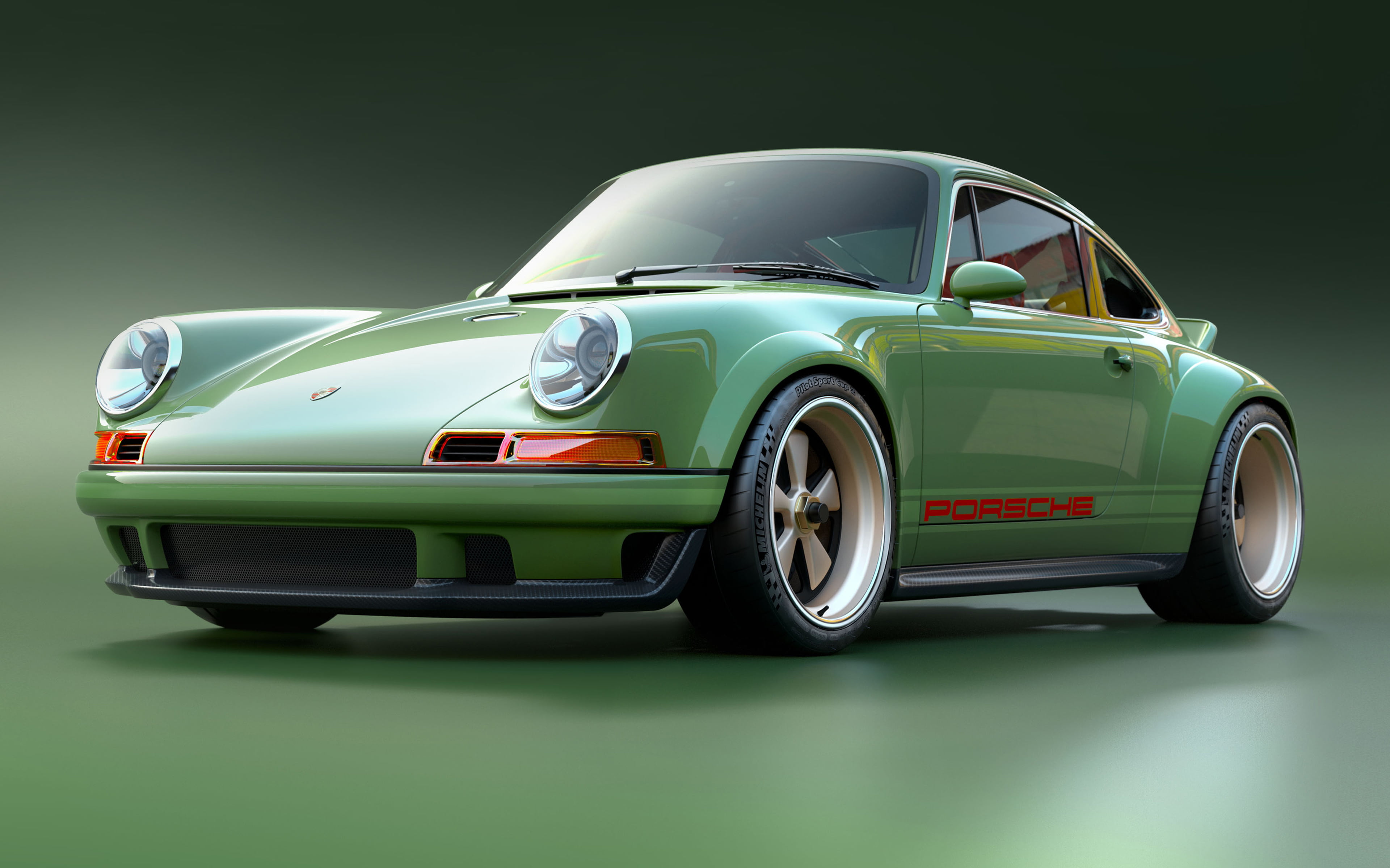 a green Porsche photographed from an angle